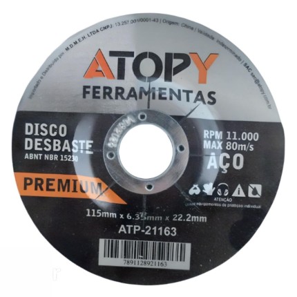 Disco de Desbaste 115MM x6.35 x22.2MM-ATOPY